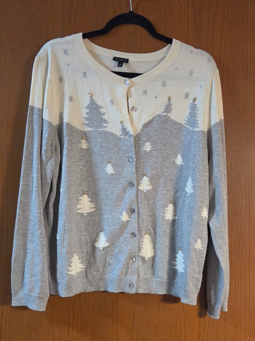 Talbots Christmas Tree Button Down Cardigan Women's Extra Large- White & Silver
